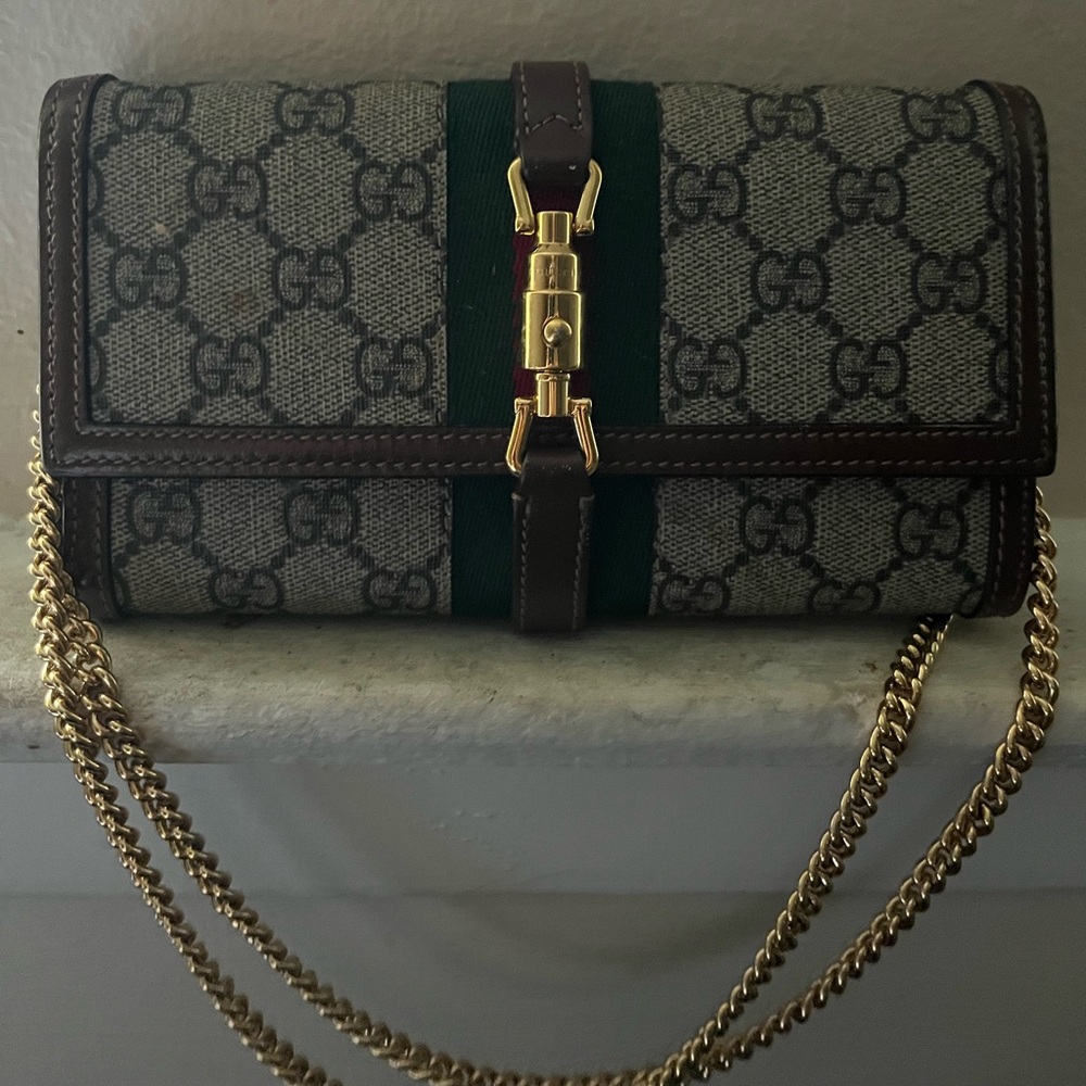 Gucci Gray and Brown Clutch with Gold Chain